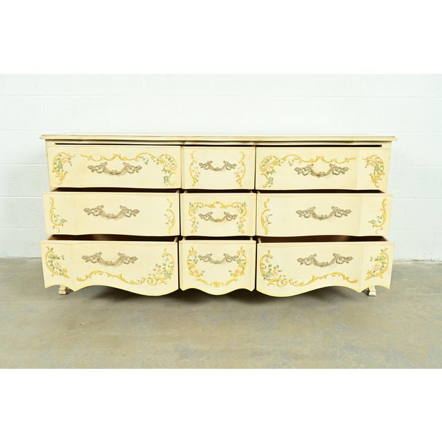 1970s Drexel Heritage French Provincial Louis XV Cream Lacquered Paint-Decorated Triple Dresser or Credenza, 1970s For Sale - Image 5 of 13