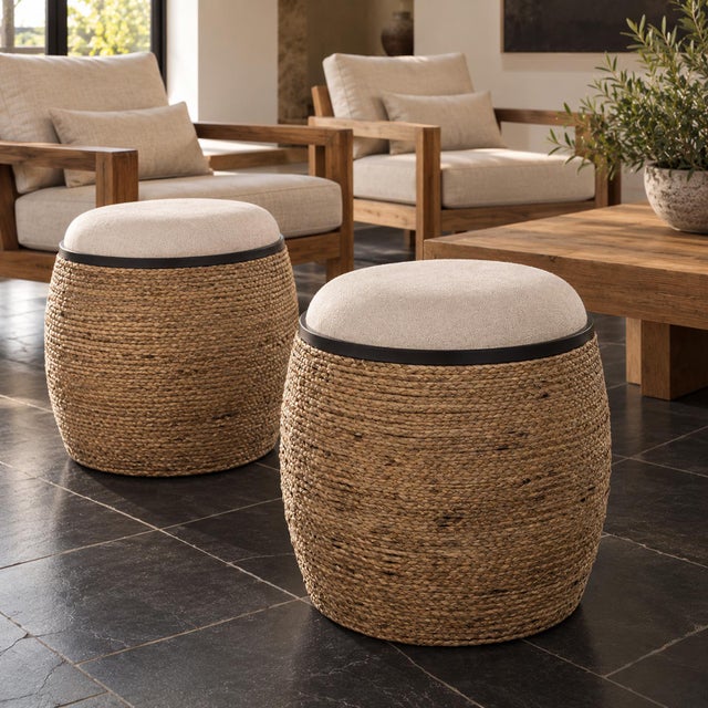 Braided Rattan Round Ottoman For Sale - Image 4 of 4