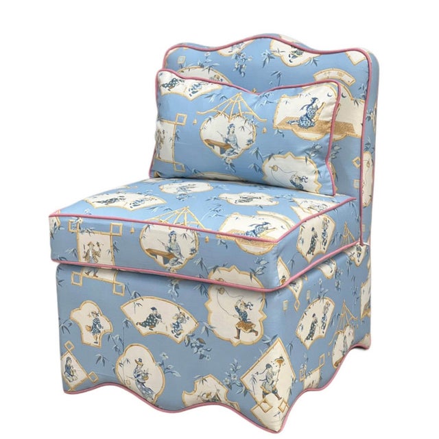 Hollywood Regency Pair Linen Scalloped Slipper Chairs in House of Scalamandre For Sale - Image 3 of 16