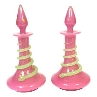Pair French Pink Opaline Perfume Bottles with Green Serpents Attrib. Baccarat For Sale