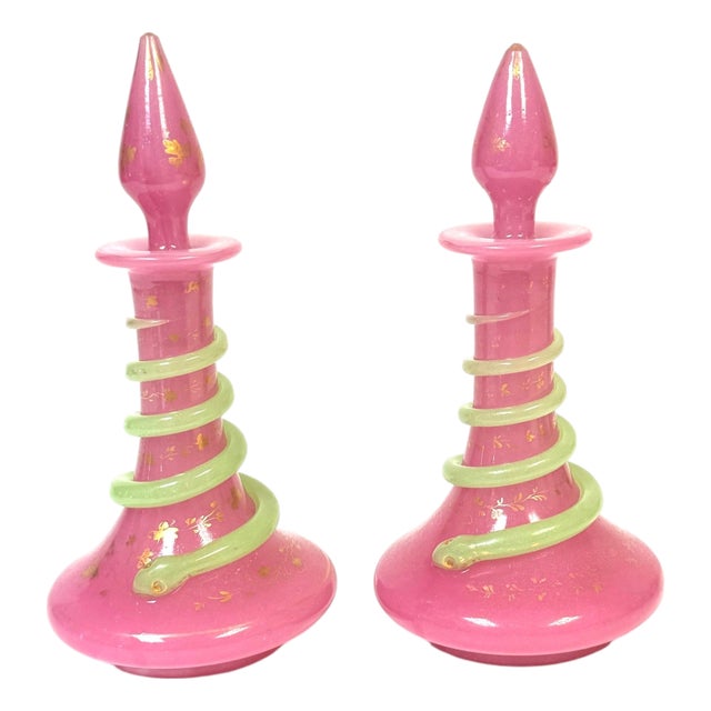 Pair French Pink Opaline Perfume Bottles with Green Serpents Attrib. Baccarat For Sale