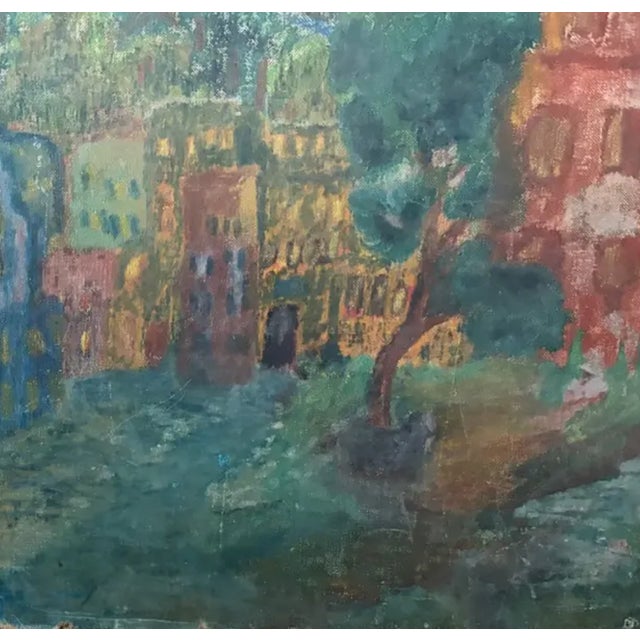 Rustic European Mid Century European Painting - Sun Over a City For Sale - Image 3 of 8