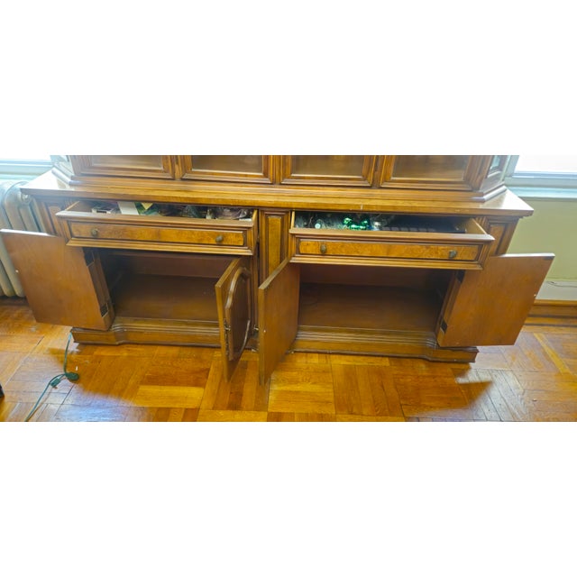 1970s Provincial Walnut Lighted Breakfront China Cabinet - 2 Pieces For Sale - Image 10 of 14