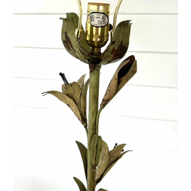 Vintage Tall Italian Floor Lamp Floral Tole Wonderful old piece, tall metal "stalk" with soft mossy green leaves and soft...
