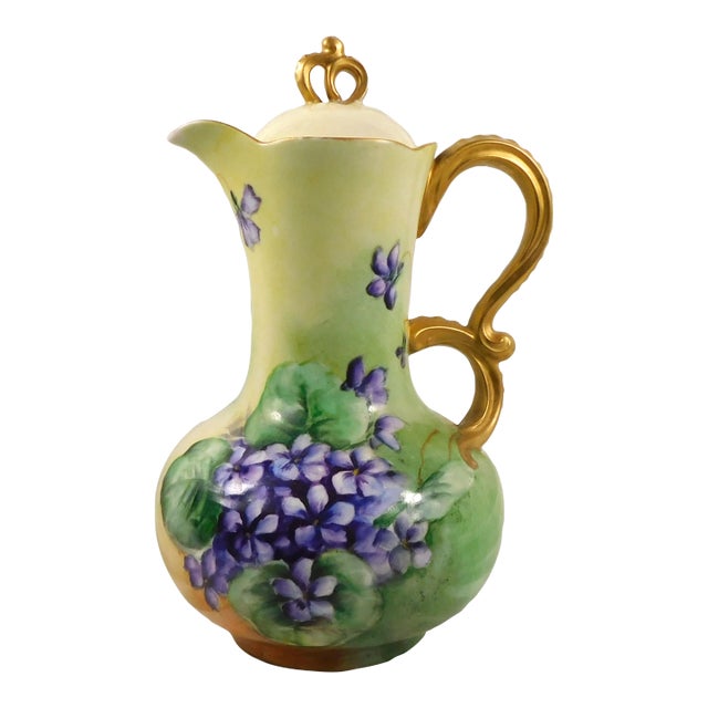 Late 18th Century Green Jean Pouyat Limoges Chocoalate Pot Teapot With Purple Flowers For Sale