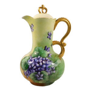 Late 18th Century Green Jean Pouyat Limoges Chocoalate Pot Teapot With Purple Flowers