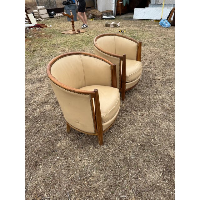 1940s French Art Deco Leather Solid Mahogany Barrel Back Club Chairs - A Pair For Sale - Image 10 of 12
