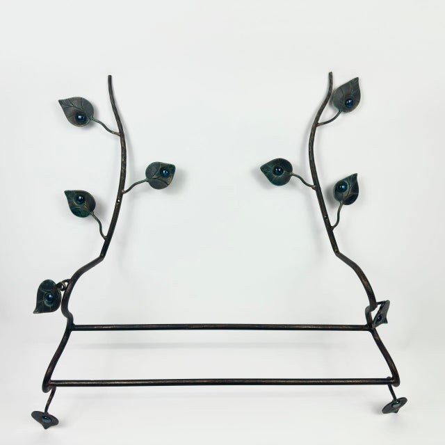 Hand Forged Iron Wall Towel Rack (82cm) Antique Copper Branch Design with Glass Bead Leaves For Sale - Image 10 of 10
