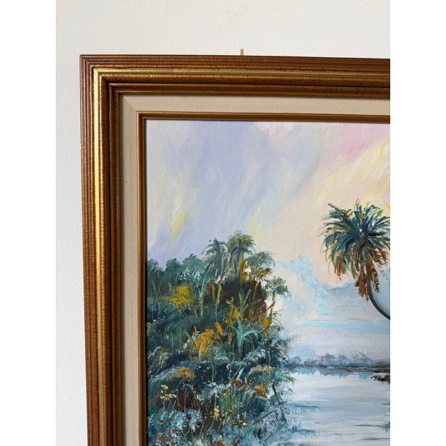 1980s Vintage W. Flosier Tropical Florida Highwaymen Style Oil on Masonite Board – Framed For Sale - Image 5 of 16