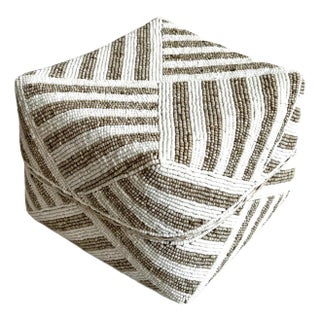 Vintage Tan & White Striped Bamboo Beaded Box Medium For Sale