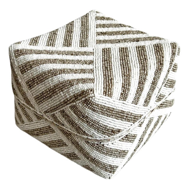 Vintage Tan & White Striped Bamboo Beaded Box Medium For Sale