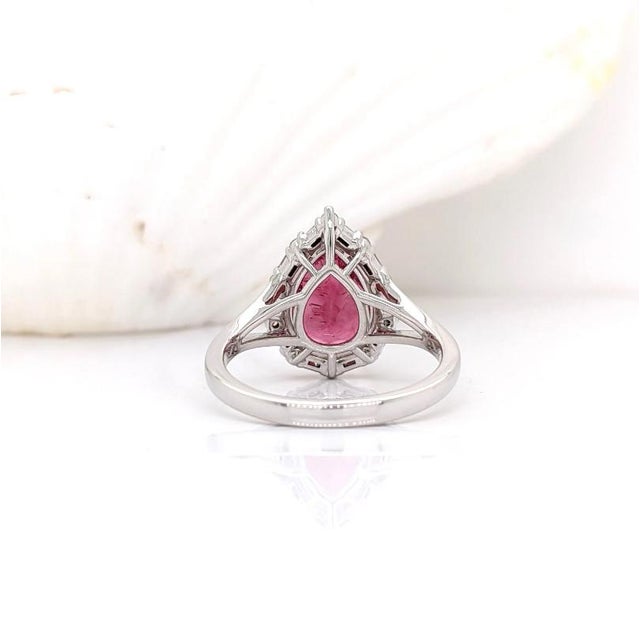 Pink Tourmaline Ring With Natural Diamond Halo: Solid 14k Gold, Pear Cut 11x8mm, Size 6.75 For Sale - Image 9 of 10