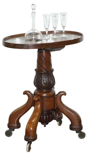 Hardwood Drinks Table with Crystal Decanter & Glasses Wheels, 1860s