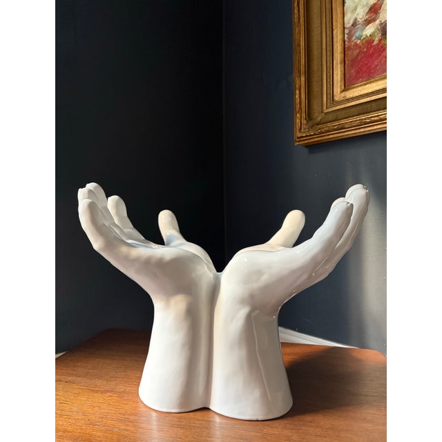 Monumental Vintage Italian White Ceramic Hands Bowl Sculpture, Made in Italy For Sale - Image 9 of 11