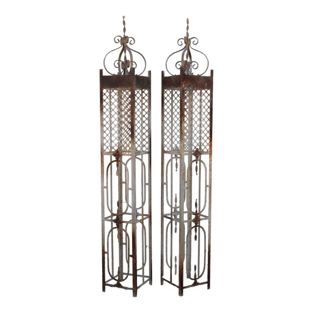 Early 21st Century Large Wrought Iron Painted Distressed Trellises - Set of 2 For Sale