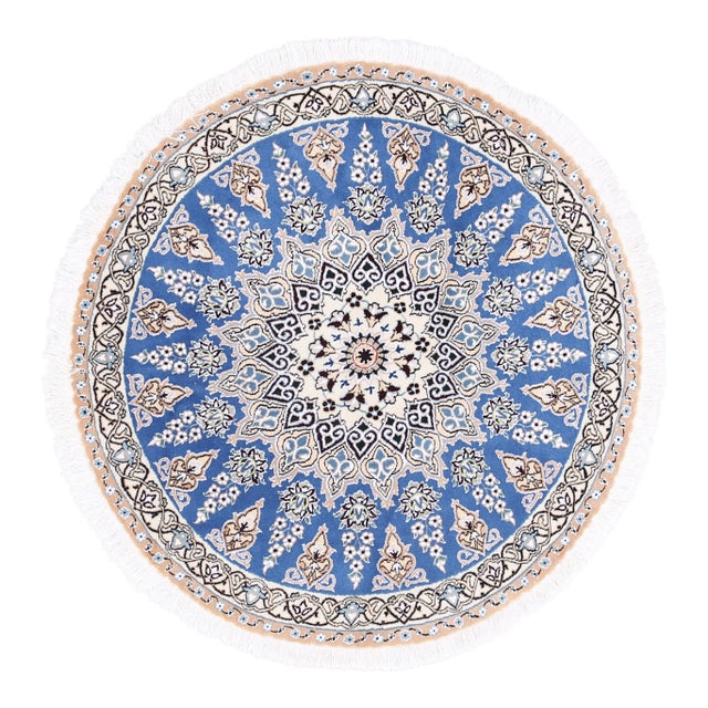 Pasargad DC Light Blue Color Hand Knotted Silk & Wool Round Rug For Sale