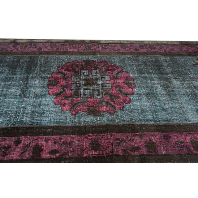 1960s Vintage Turkish Revival Overdyed Handmade Teal Medallion Wool Runner For Sale In New York - Image 6 of 7
