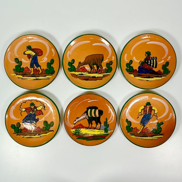 Rustic 1950s Vintage Southwestern Folk Art Boho Chic Peruvian Terra Cotta Salad Plates - Set of 6. For Sale - Image 3 of 12