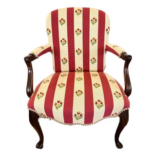 French Bergere Arm Chair With Red Stripe Upholstery For Sale