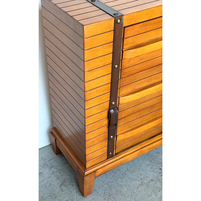 Brown French Moderne Style Leather-Strapped Six-Drawer Chest Manner of Jacques Adnet For Sale - Image 8 of 14
