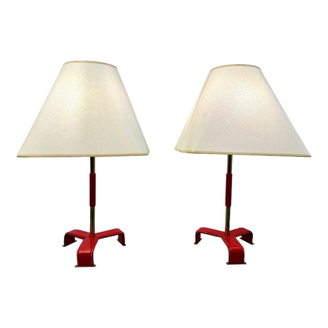 Vintage Jacques Adnet Style Red Stitched Leather Table Lamps, 1950's France - a Pair For Sale