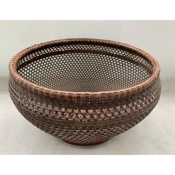 Wood Chinese Basket Pair Hand-Woven Rattan With Red Wood Base, Early 20th Century For Sale - Image 7 of 16