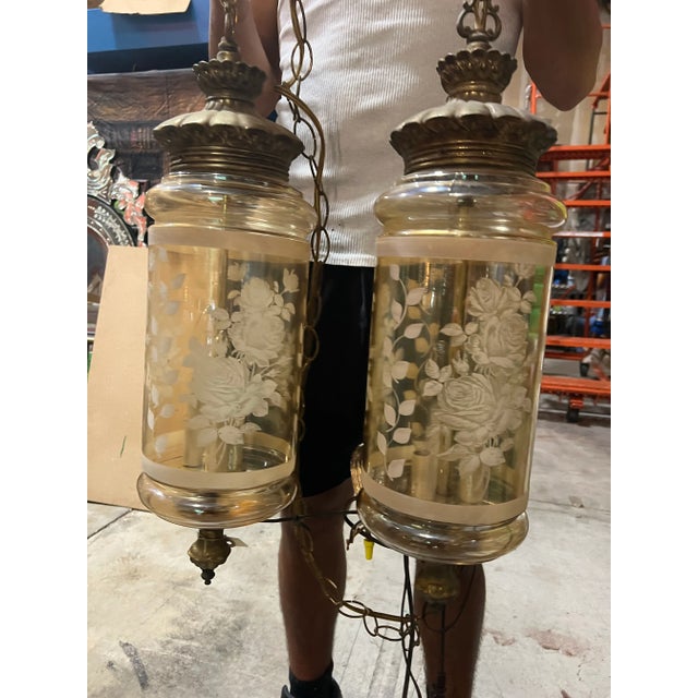 Pair of 1970s Glass Pendant Lights With Floral and Brass Accents For Sale - Image 12 of 12