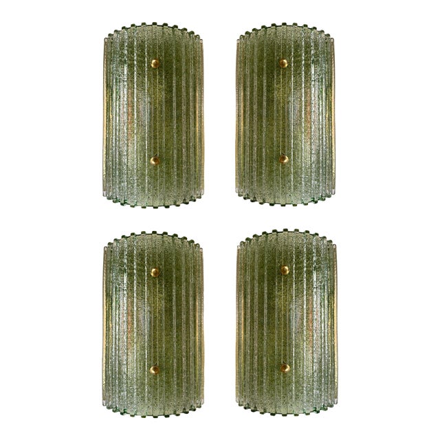 Contemporary Pair of Green Granita Murano Glass and Brass Sconces, Italy For Sale