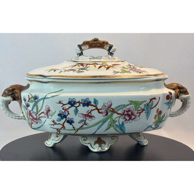 Rare Antique Royal Worcester Hand Painted Chinoiserie Porcelain Tureen, Elaborate Elephant Molded Handles & Dragon Head With Chicken Feet Lid Handle For Sale In Cleveland - Image 6 of 15