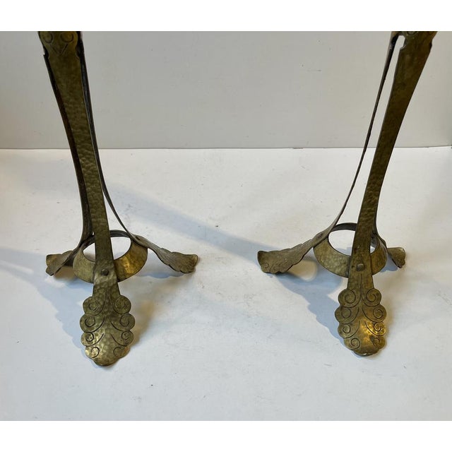 Tall Art Nouveau Leaves Tri-Stand Candleholders in Engraved Brass, 1900s, Set of 2 For Sale - Image 5 of 9