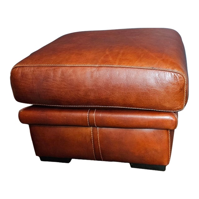 1980s Vintage French Cognac Leather Cushion Ottoman by Roche Bobois For Sale