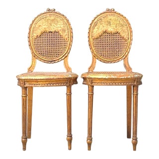 Vintage 18th Century Gesso and Cane Medallion Chairs With Tapestry Detail - a Pr For Sale