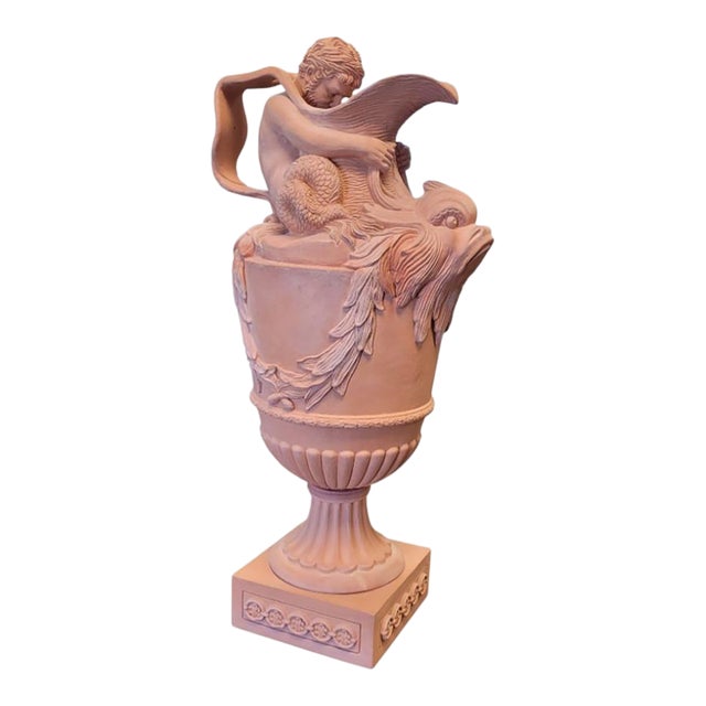 Vintage Terra Cotta Neoclassical Ewer Netune Riding a Sea Serpent. For Sale