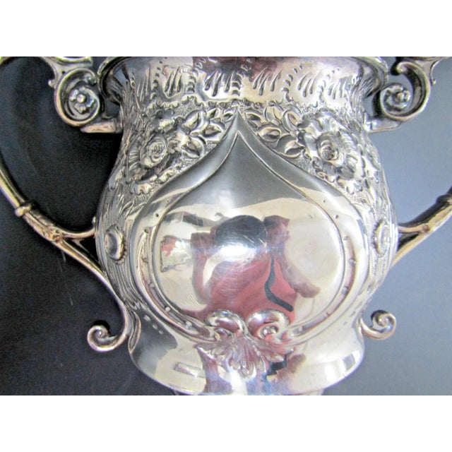 1900s Victorian Silver Plated Trophy Cup Cast Scroll Handles Chased Floral Design For Sale - Image 10 of 12