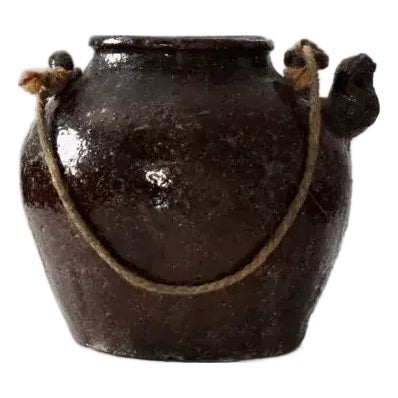 Antique Earthenware Water Pot With Rope Handle For Sale