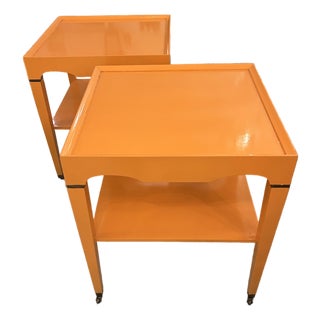 Glossy Hermes Orange Square Two Tier End Tables -a Pair For Sale
