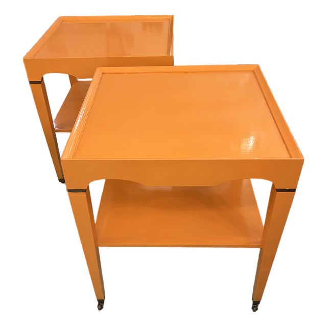 Glossy Hermes Orange Square Two Tier End Tables -a Pair For Sale