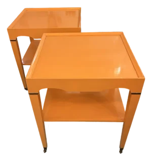 Glossy Hermes Orange Square Two Tier End Tables -a Pair