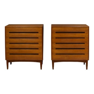 Pair of Mid-Century Ew Bach Tall Teak Dressers With Sculpted Handles C.1950-Price Per Piece For Sale