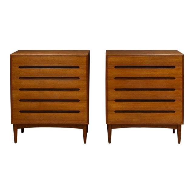 Pair of Mid-Century Ew Bach Tall Teak Dressers With Sculpted Handles C.1950-Price Per Piece For Sale