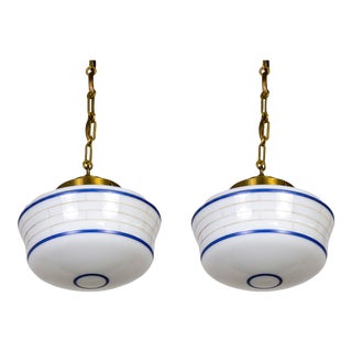 1940s Blue Striped Milk Glass Schoolhouse Pendant Lights - a Pair For Sale