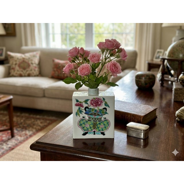 Chinese Flower Ding Vase Graphic Rectangular Porcelain Tea Caddy Jar For Sale In San Francisco - Image 6 of 10