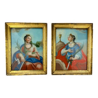 Pair, 19th Century Allegorical Reverse Glass Paintings Depicting Saint Barbara For Sale