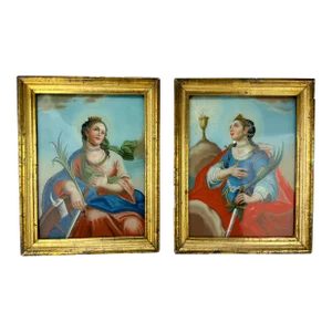 Pair, 19th Century Allegorical Reverse Glass Paintings Depicting Saint Barbara