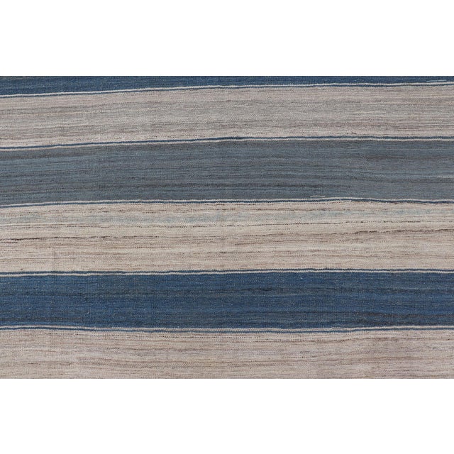 White Flat-Weave Modern Kilim Rug With Stripes in Shades of Blue, and Cream For Sale - Image 8 of 12