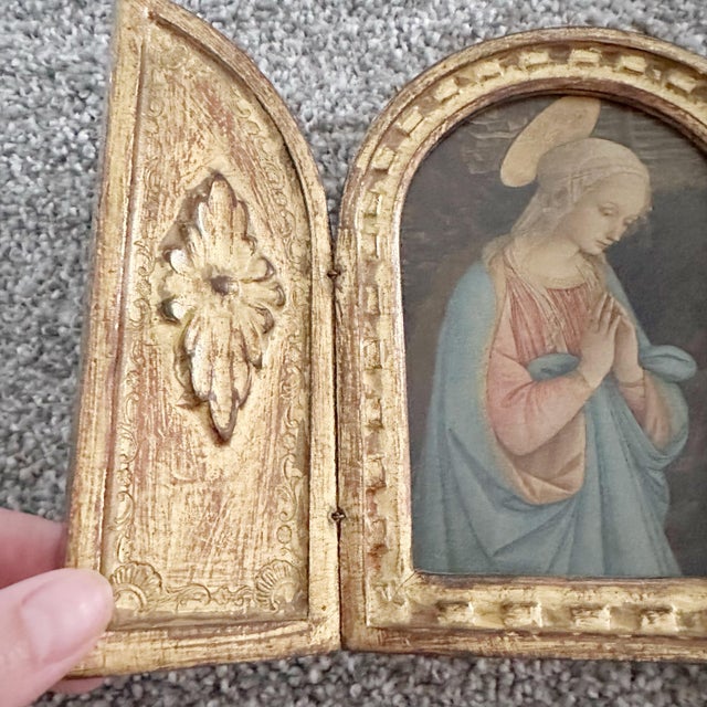 Gold 1950s Florentine Wood Pieces; Box, Triptych - Set of 3 For Sale - Image 8 of 11