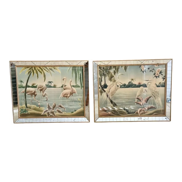 Pair Mid Century Flamingo & Egrets Prints by Turner in Mirror Frames For Sale