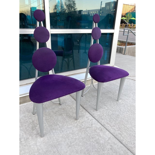 Postmodern Memphis Style Dining Chairs in Purple & Green Microsuede Upholstered Panels For Sale - Image 3 of 13