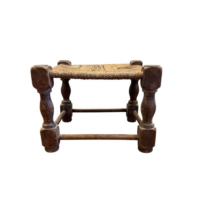 Antique Folk Art Style Wood & Seagrass Rope Stool / Footstool / Ottoman For Sale - Image 4 of 9