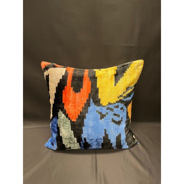 2010s Turkish Modern Blue Multicolor Velvet Silk Ikat Pillow Cover For Sale - Image 5 of 5